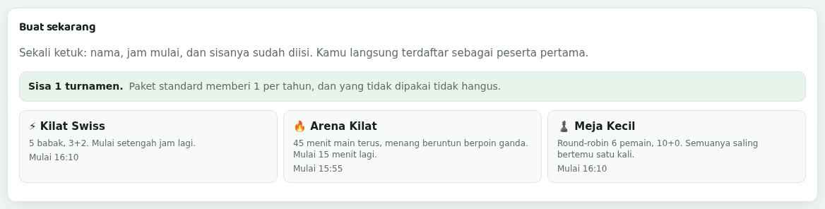 Kartu Buat sekarang dengan tiga preset: Kilat Swiss, Arena Kilat, dan Meja Kecil